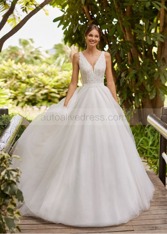 Beaded Ivory Lace Tulle V Back Romantic Wedding Dress